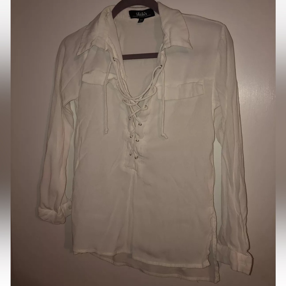 Lulus Size XS Criss Cross Blouse White Long Sleeve Collared Basics New With Tags